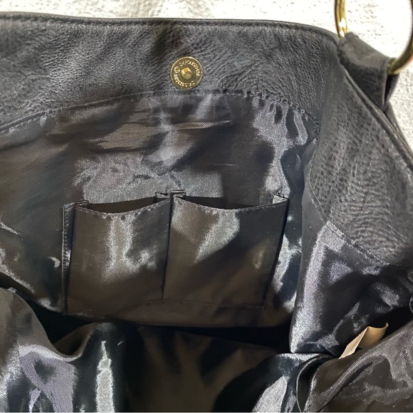 Black Vinyl Handbag Purse Bejeweled Zipper Gold Hardware Bag Double Handles - Picture 16 of 16